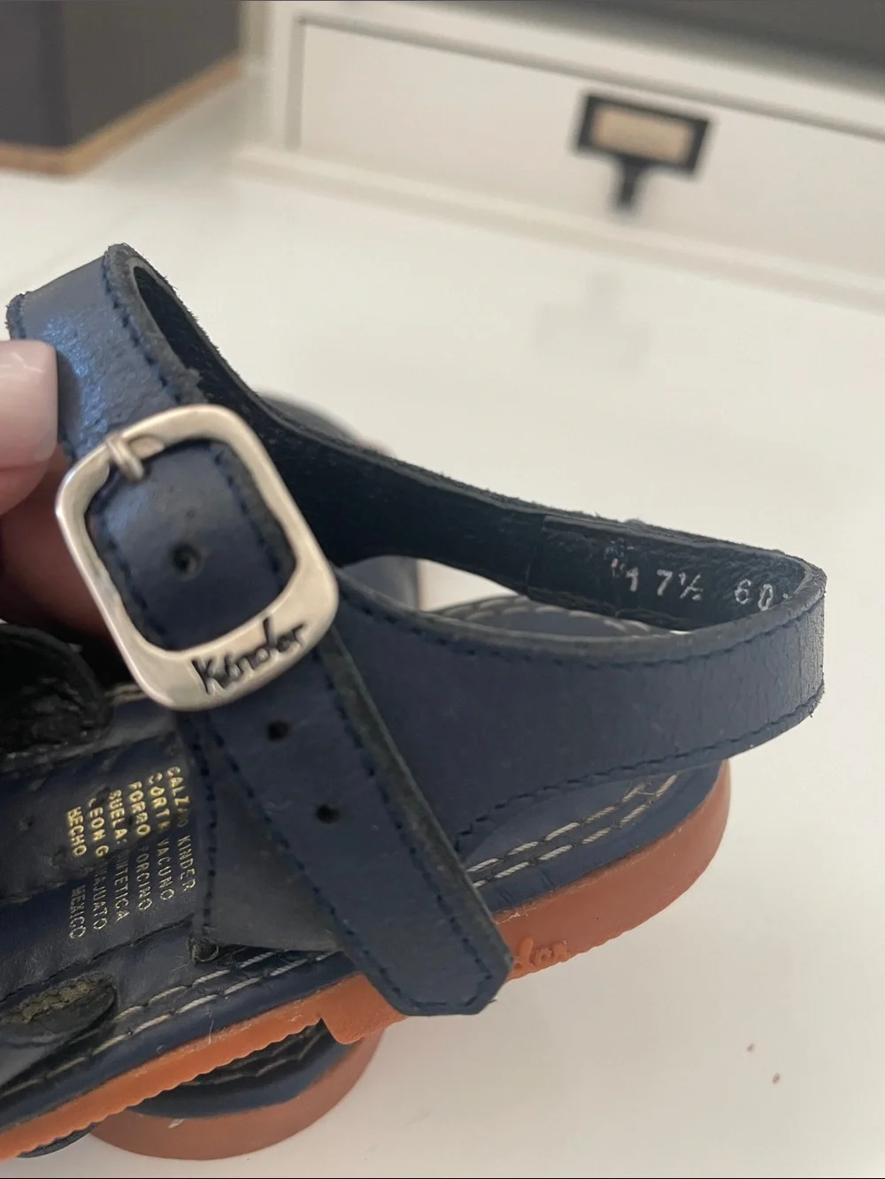 Kinder Navy Leather Kids Sandals with Red Accents